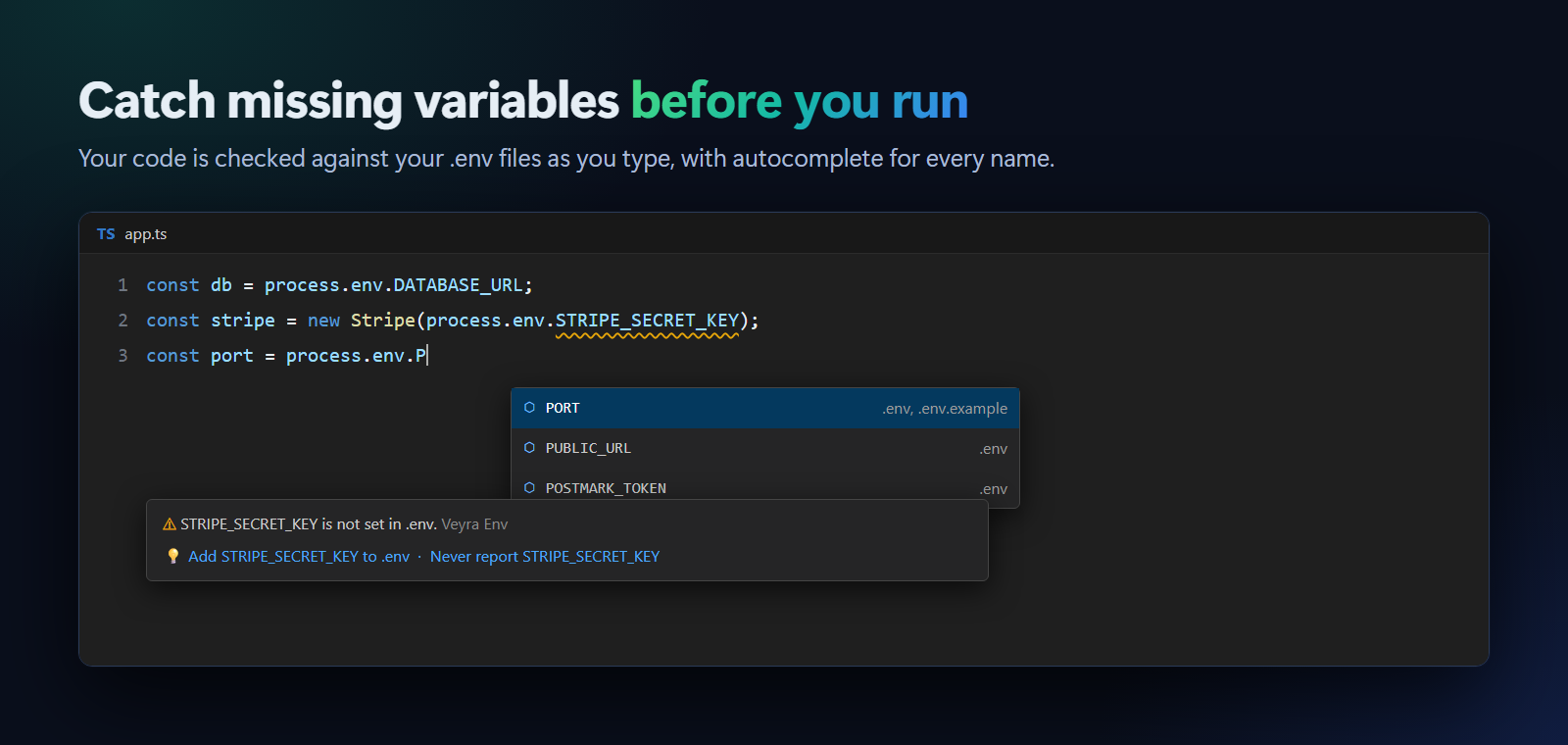 TypeScript code where process.env.STRIPE_SECRET_KEY is underlined with 'STRIPE_SECRET_KEY is not set in .env' and the quick fix 'Add STRIPE_SECRET_KEY to .env', and autocomplete after process.env. listing PORT, PUBLIC_URL and POSTMARK_TOKEN
