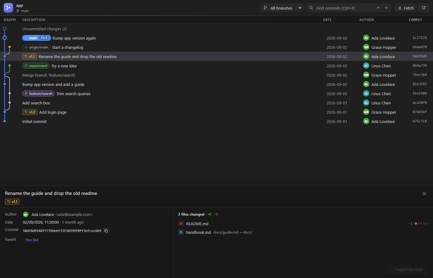 The details pane under the graph: a commit's message, author, date, hash, parent, and its changed files with added and removed lines
