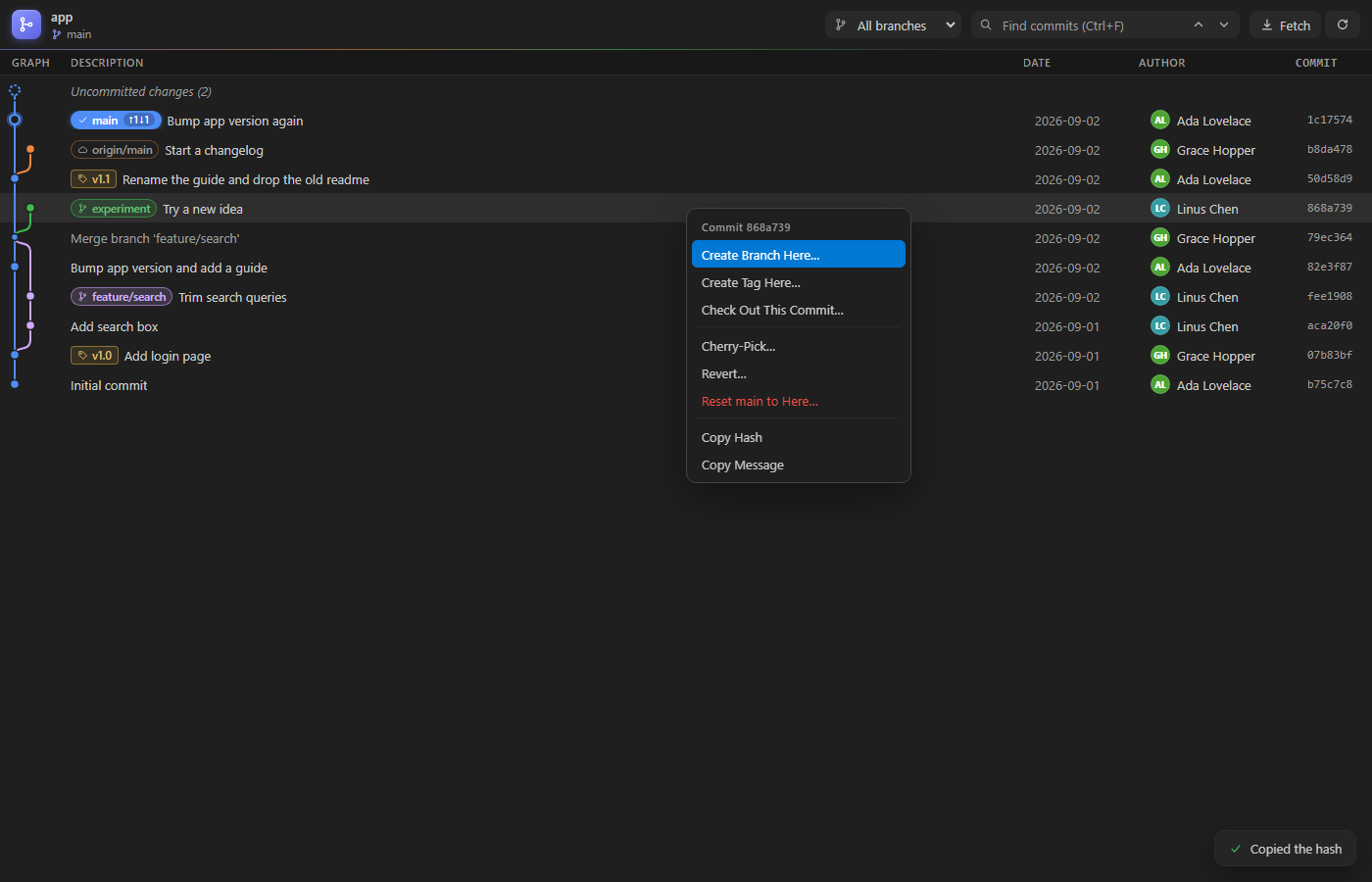 The right-click menu of a commit: create a branch or tag, check out, cherry-pick, revert, reset, compare, copy the hash or message