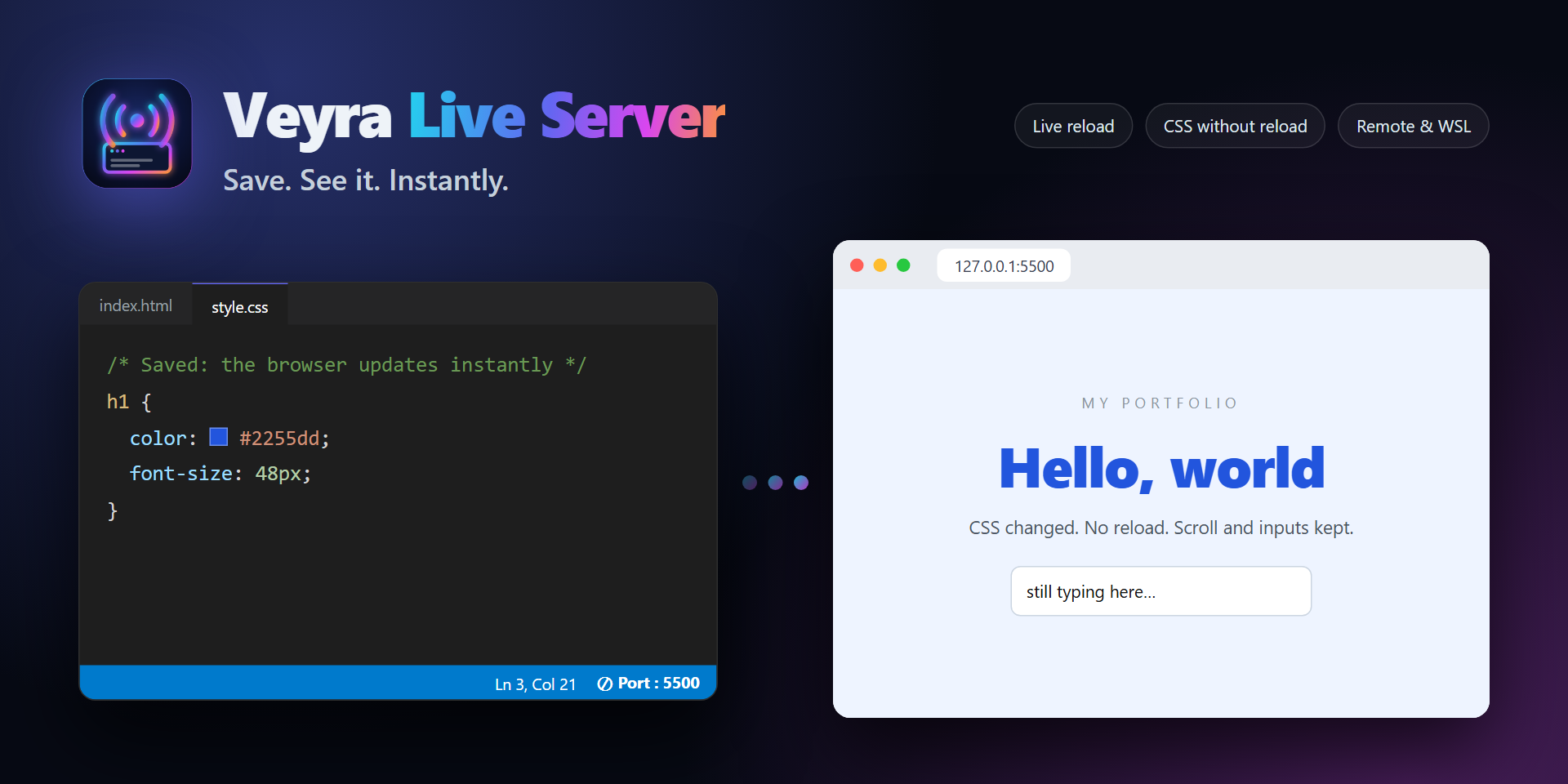Veyra Live Server: edit CSS in VS Code and the browser updates instantly