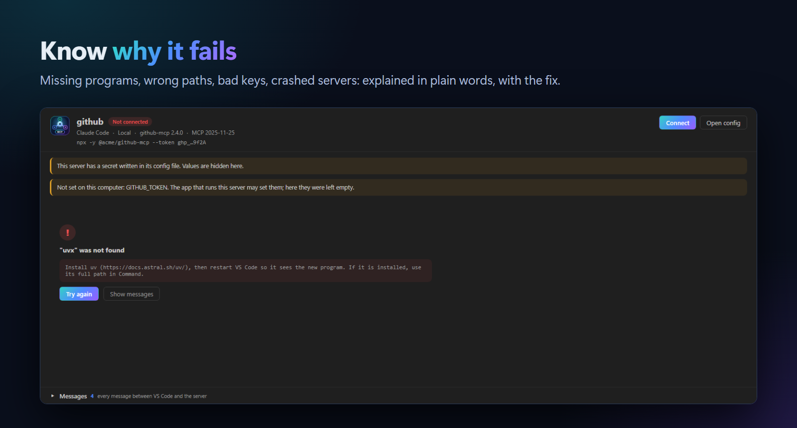 The Inspector after a failed start: 'uvx was not found', with the fix 'Install uv, then restart VS Code' and a Try again button