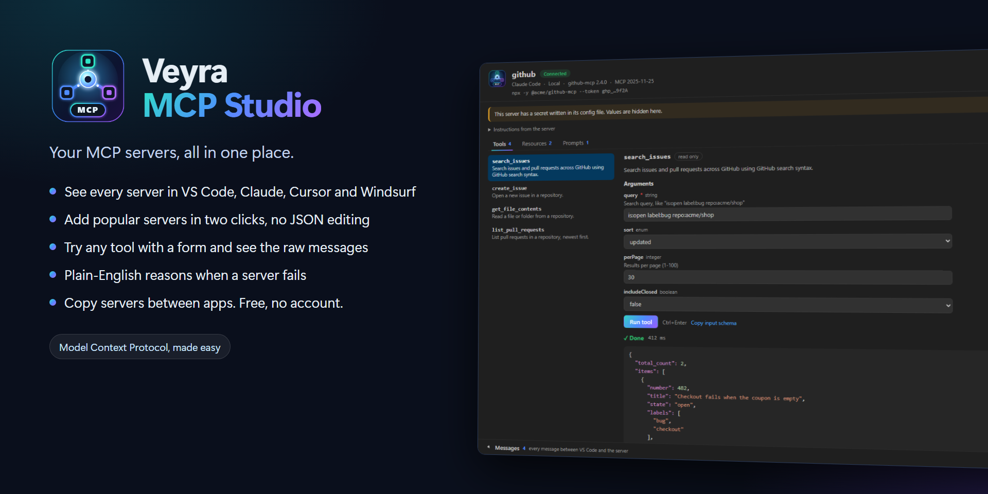 Veyra MCP Studio: the Inspector connected to a GitHub MCP server, with a form for the search_issues tool and its JSON result