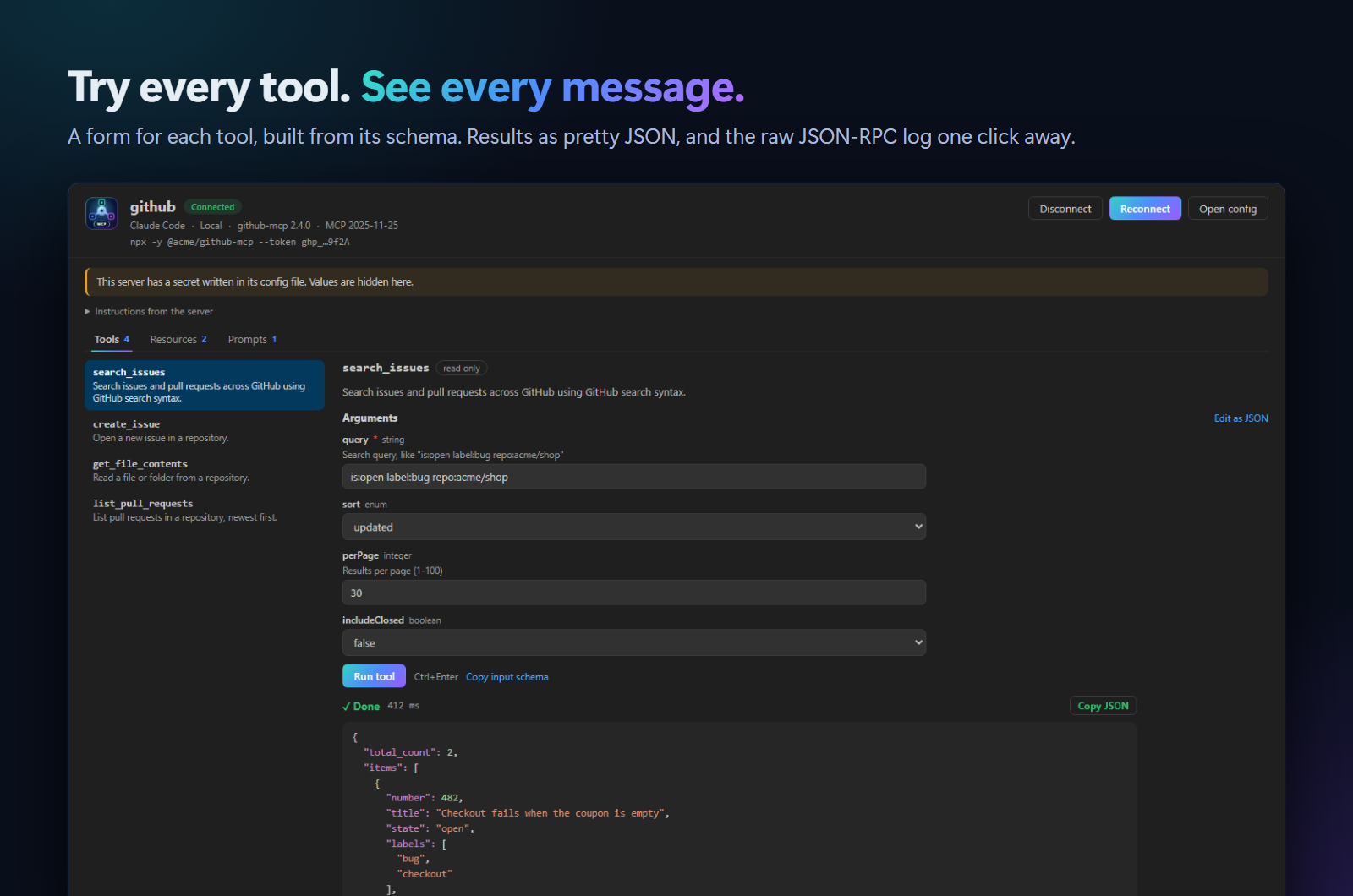 The Inspector: the tools list, a form for search_issues with query, sort, perPage and includeClosed fields, and the JSON result after running it in 412 ms