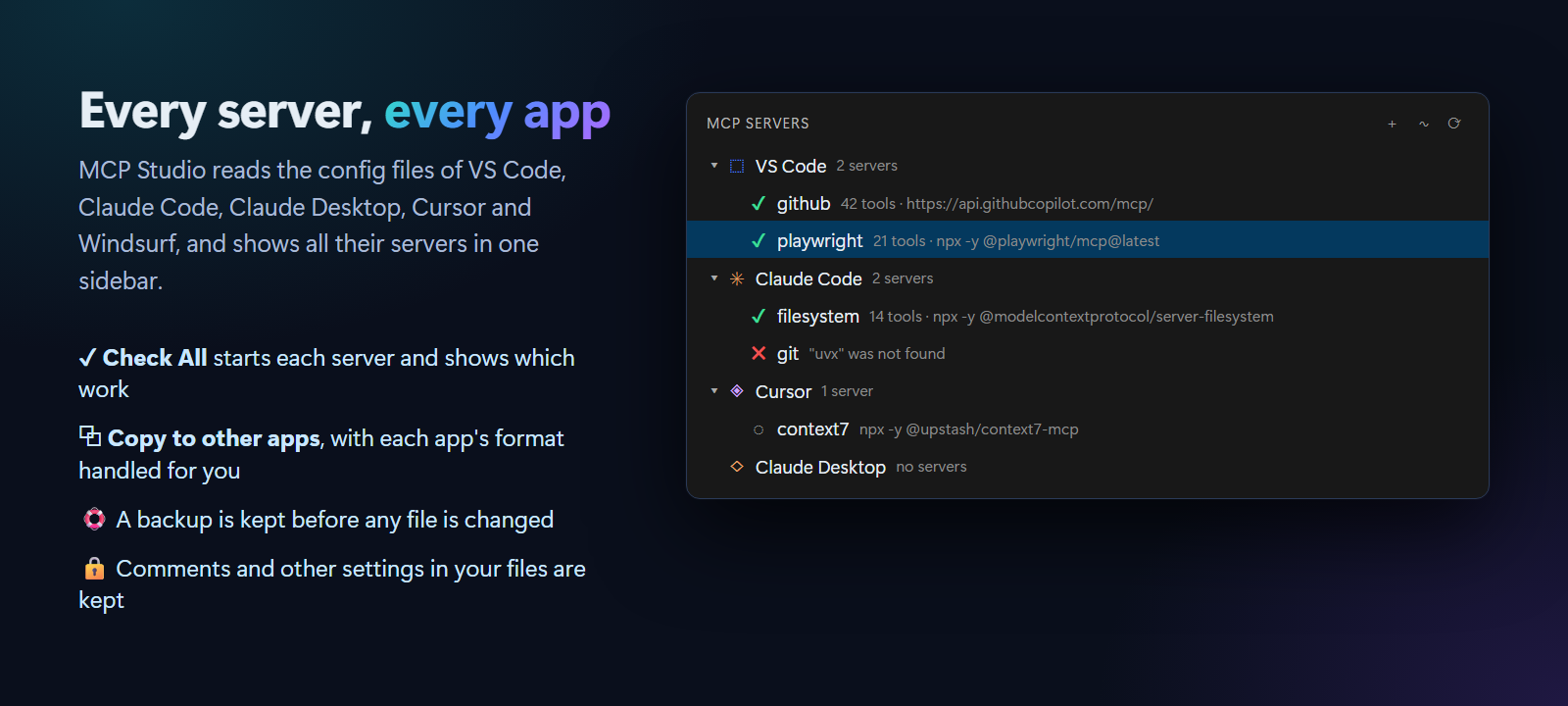 The MCP Servers sidebar: VS Code with github and playwright passing, Claude Code with filesystem passing and git failing because uvx was not found, Cursor with context7, and Claude Desktop with no servers