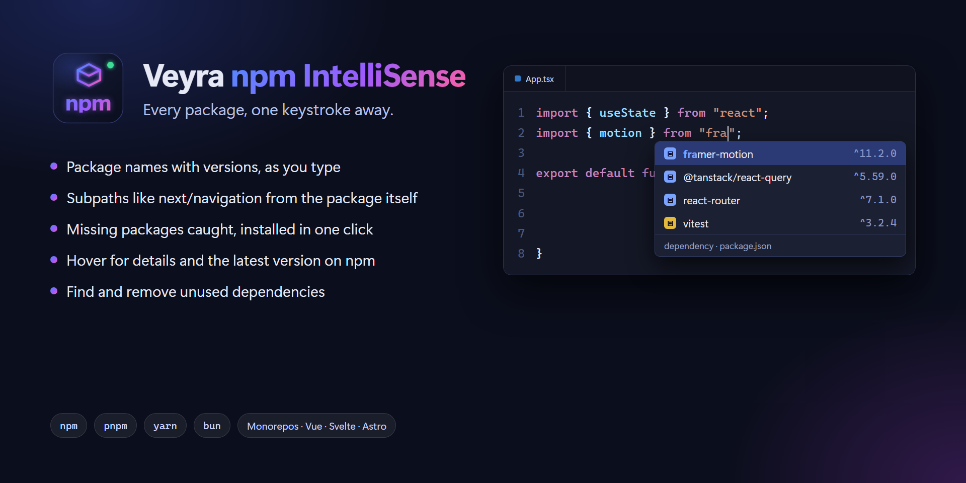 Veyra npm IntelliSense: typing an import shows framer-motion, @tanstack/react-query, react-router and vitest with their versions