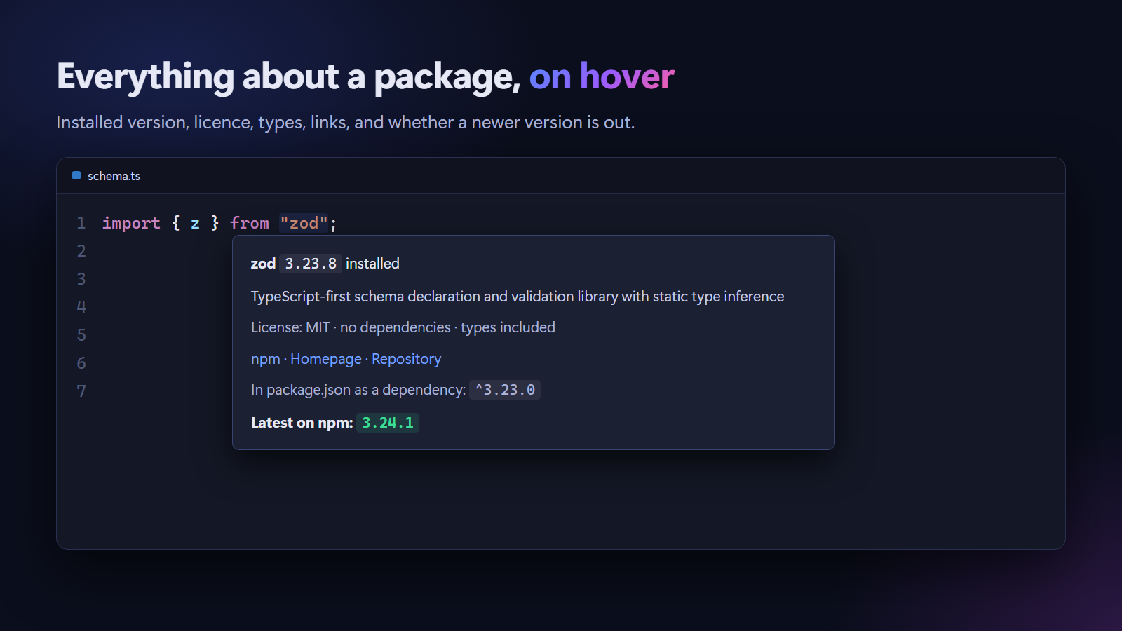 Hovering zod shows version 3.23.8 installed, its description, MIT licence, no dependencies, types included, links to npm, homepage and repository, ^3.23.0 in package.json and latest on npm 3.24.1