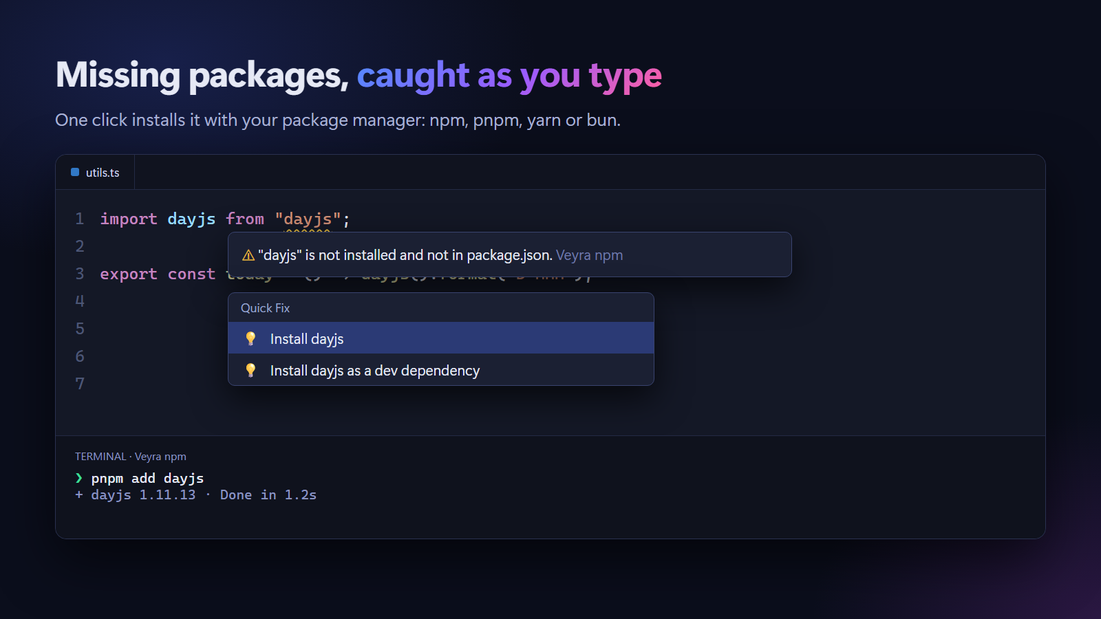 An import of dayjs is underlined with the warning that it is not installed and not in package.json; the quick fix menu offers Install dayjs, and the terminal runs pnpm add dayjs