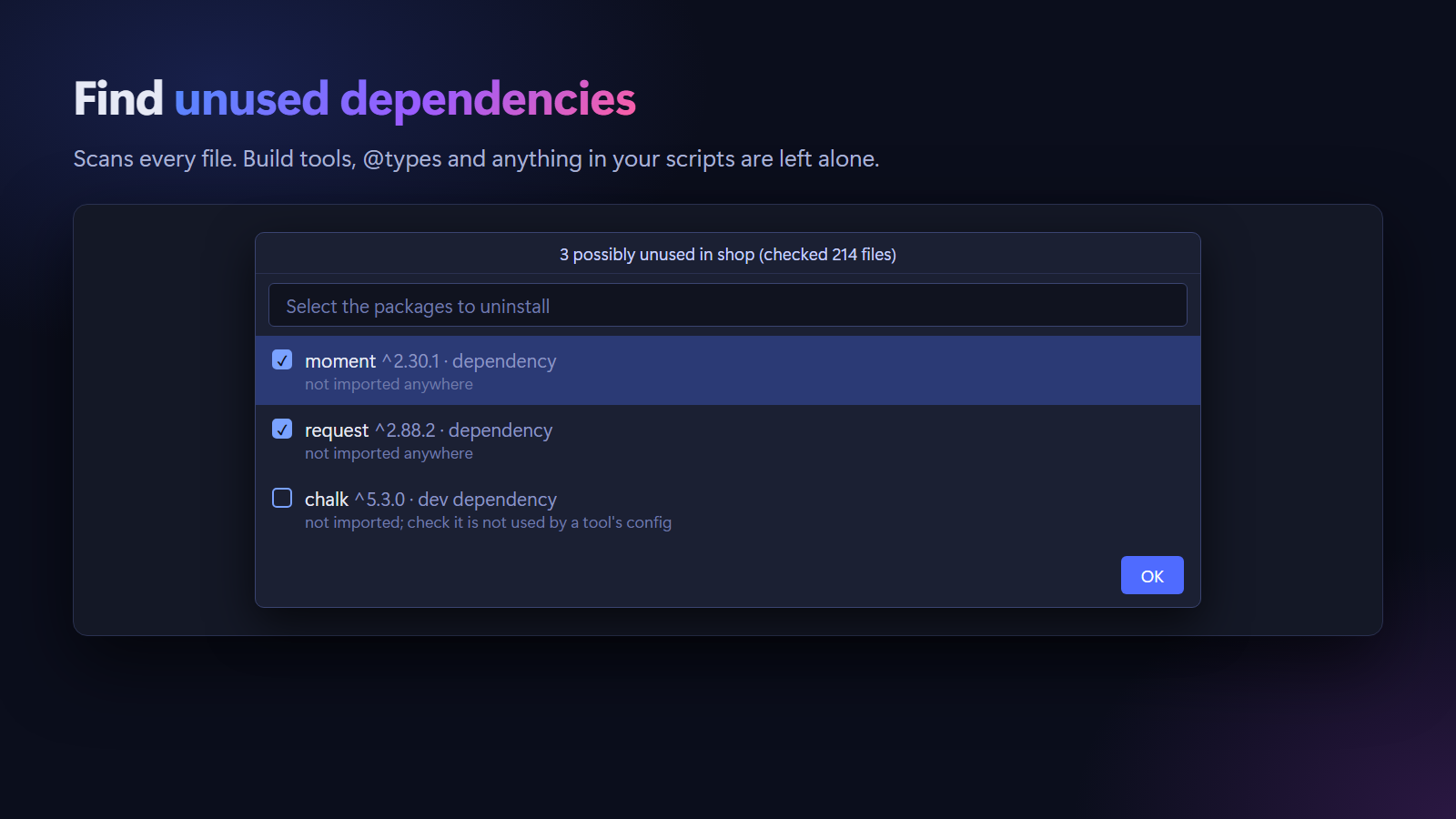 Find Unused Dependencies lists moment and request as not imported anywhere and chalk as a dev dependency that may be used by a tool, with checkboxes to choose what to uninstall