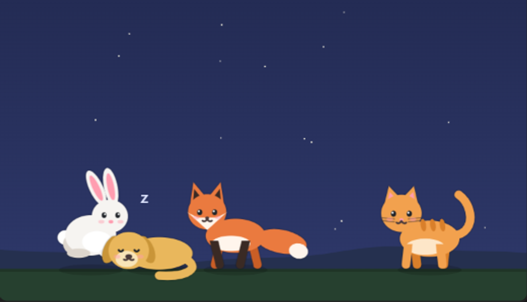 A bunny, a sleeping dog, a fox and a cat under a starry night sky