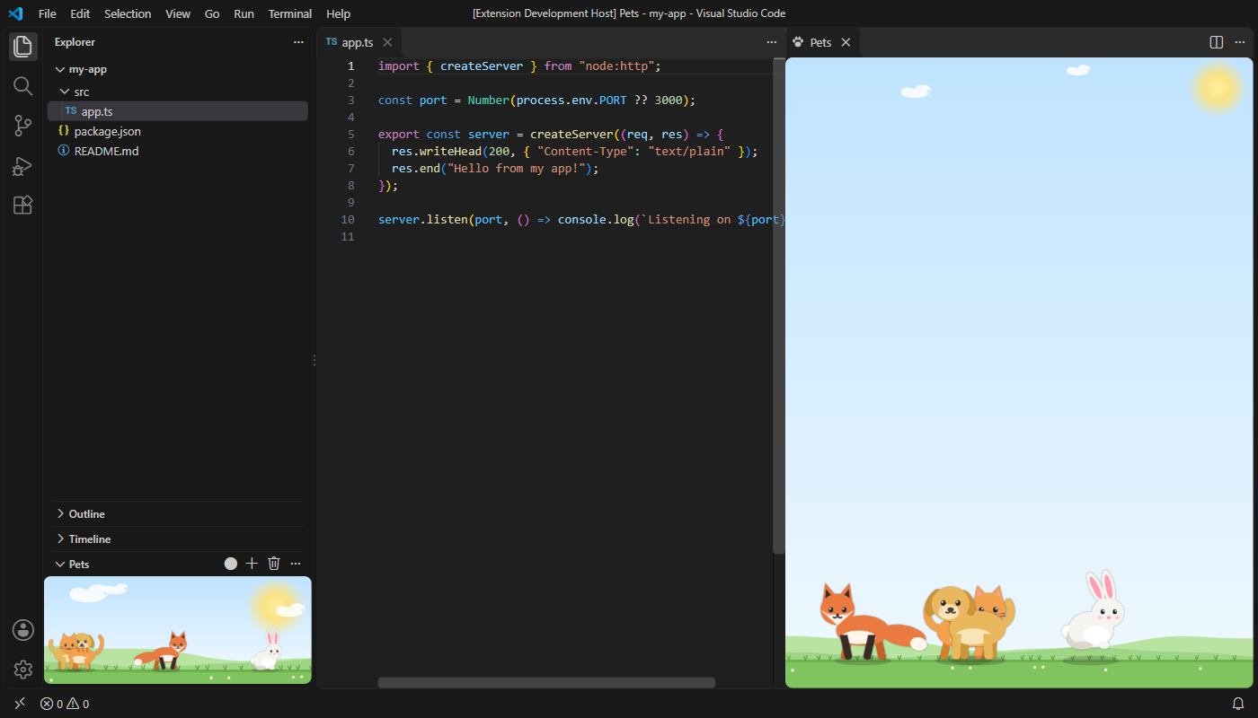 VS Code with Pets Veyra: a cat, dog, fox and bunny playing on a sunny meadow in the Explorer and in a bigger panel next to the code