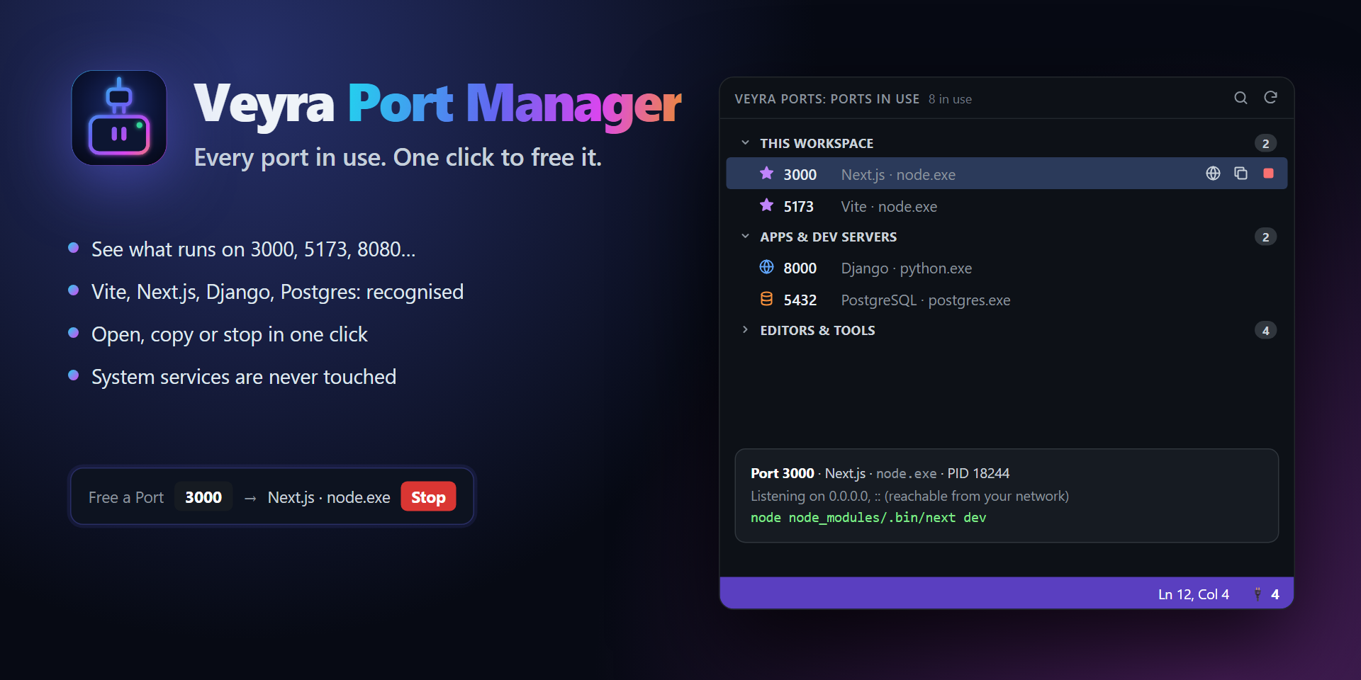 Veyra Port Manager: the Ports in Use view in VS Code, showing Next.js on 3000, Vite on 5173, Django on 8000 and PostgreSQL on 5432