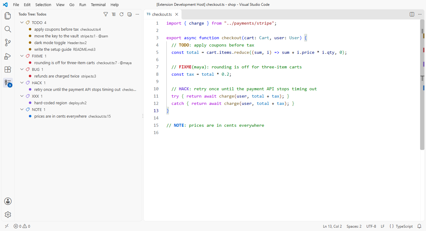 The same tags grouped under TODO, FIXME, BUG, HACK, XXX and NOTE in a light theme, with file names and line numbers