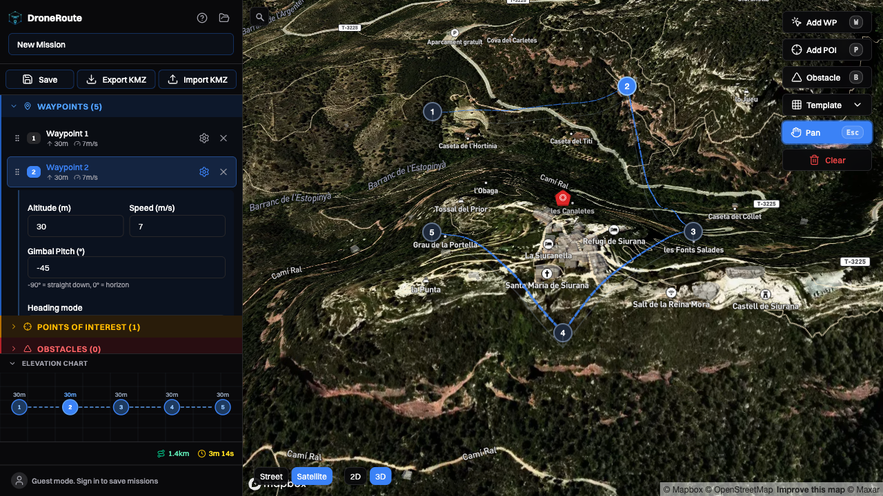 DroneRoute 3D mission planner with satellite imagery, waypoints, flight path, and terrain visualization