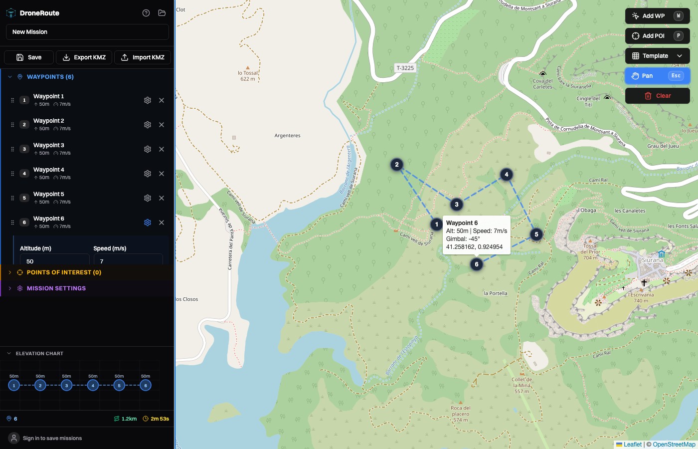 DroneRoute main interface showing mission planner with waypoints, configuration panel, and elevation chart