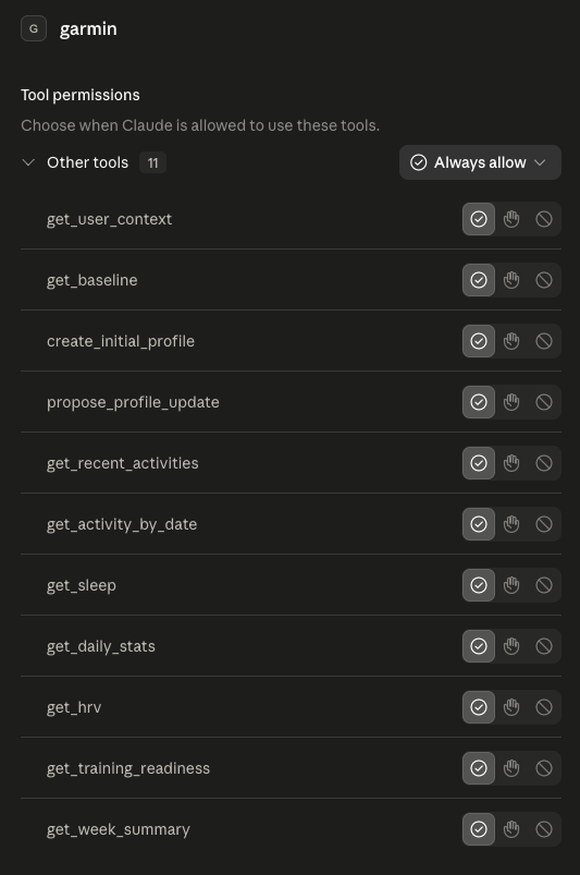 All 11 garmin tools registered in Claude Desktop