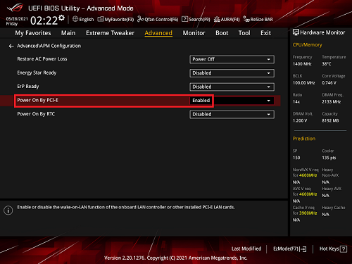 BIOS Power On By PCIE Setting