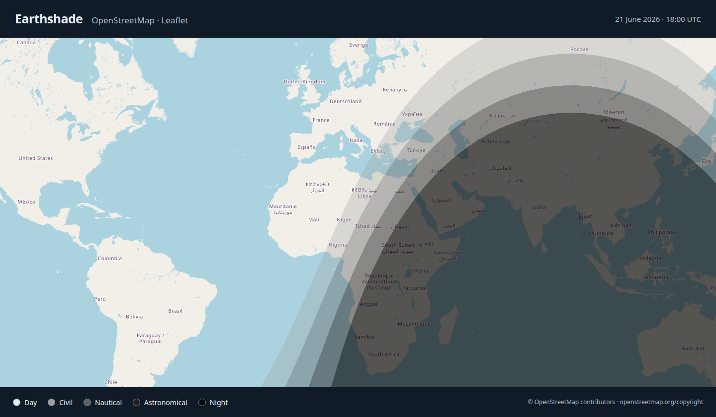 Earthshade's daylight, twilight, and night bands over standard OpenStreetMap tiles in Leaflet