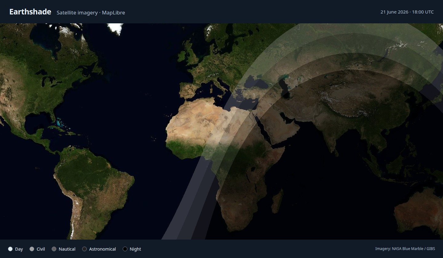 Earthshade's daylight, twilight, and night bands over satellite imagery in MapLibre