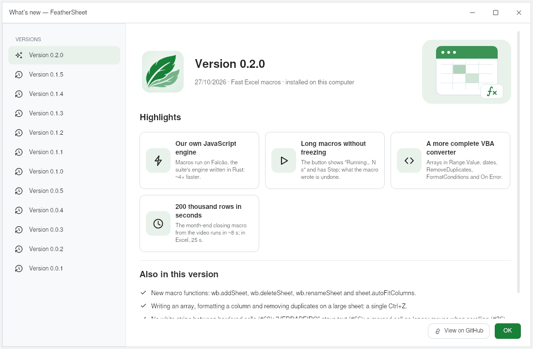 The "What's new" window for version 0.2.0: our own JavaScript engine, long macros without freezing, a more complete VBA converter and 200 thousand rows in seconds