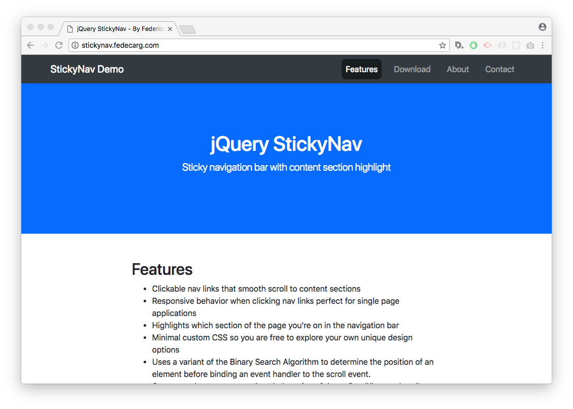 realistisk Calamity smuk GitHub - fedecarg/sticky-nav: A simple, lightweight and performant jQuery  plugin to fix a navigation bar and highlight navigation items when  scrolling a Single Page Application (SPA)