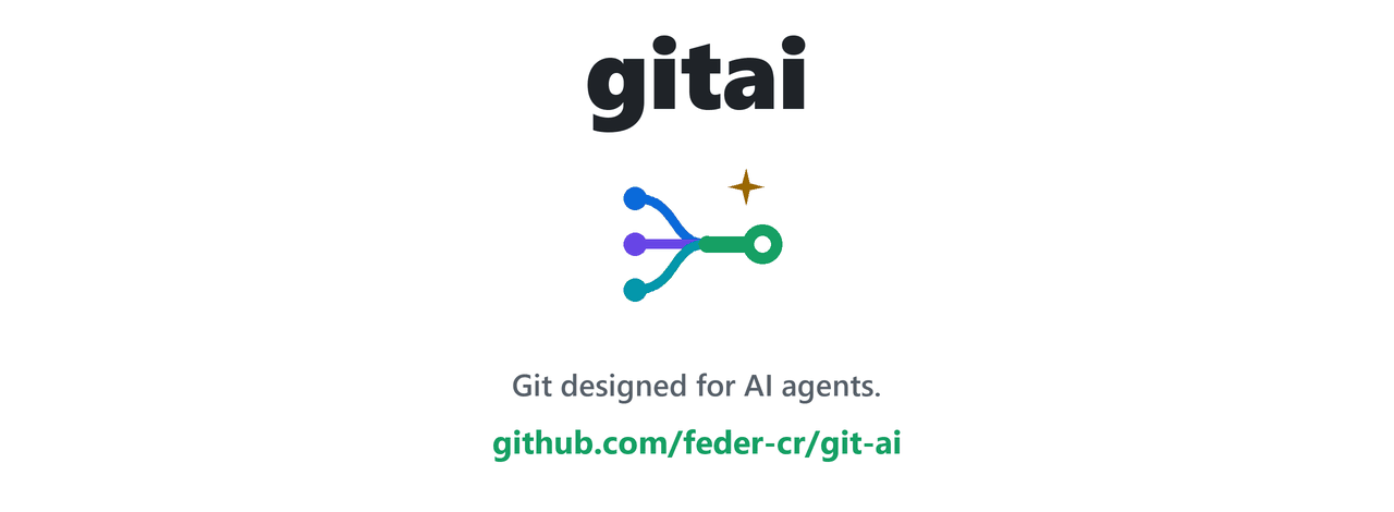 gitai, Git designed for AI agents. An animation: the gitai logo; a board of 50 agents racing on one branch, where git lands 100 of 250 changes and gitai lands 200; a merge conflict between two agents (one renamed get to fetch, the other added an argument) resolved by AI, tested and merged; and every change carrying the name of the agent that made it.