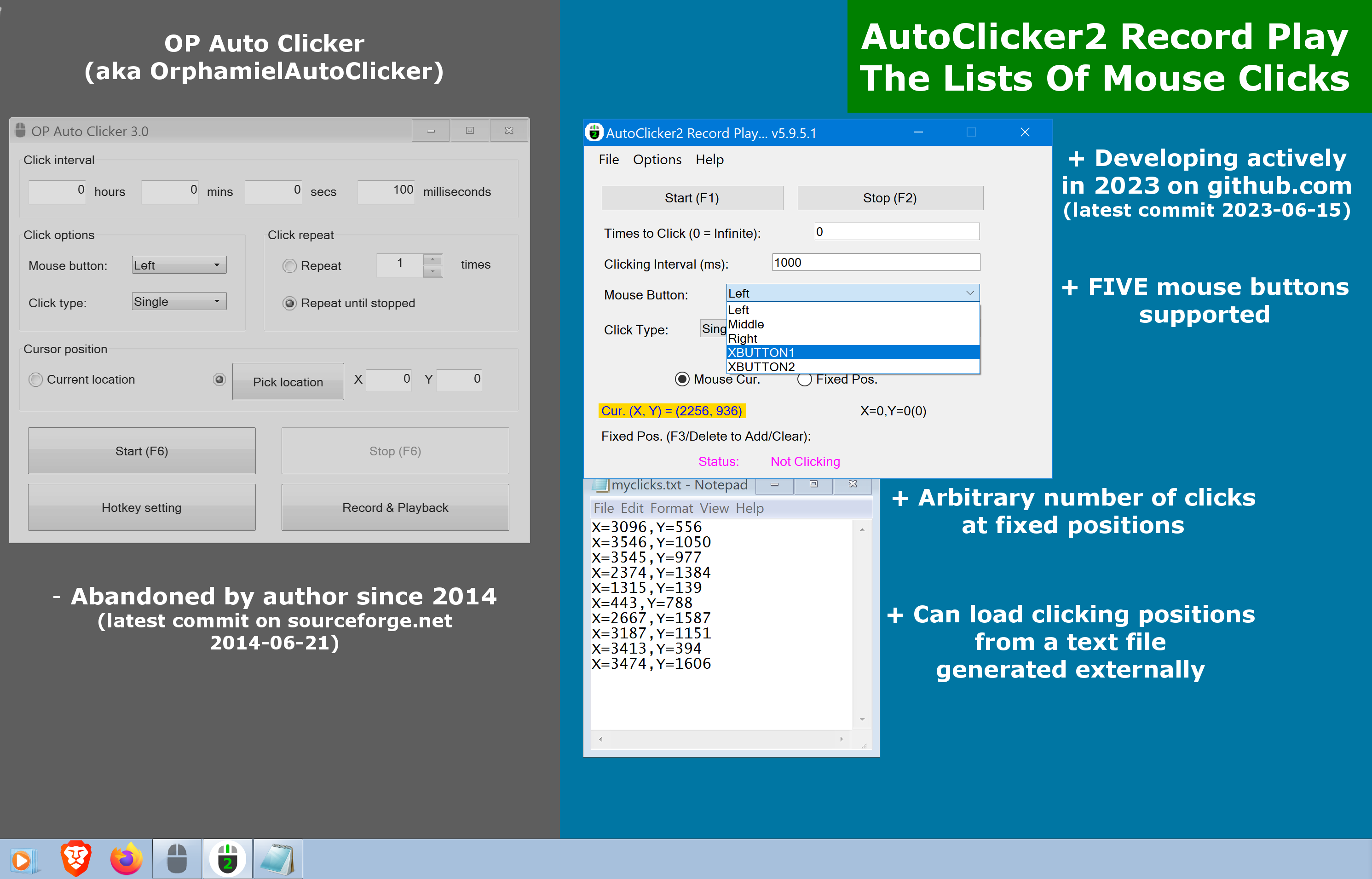 AutoClicker2 Record Play version 5.9.5.1 vs. Op AutoClicker (aka OrphamielAutoClicker) - Single Clicking Mode.