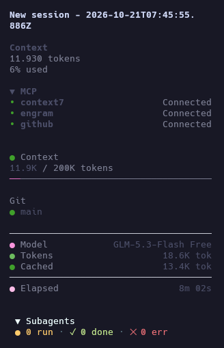 Hush sidebar panel on a dark OpenCode theme