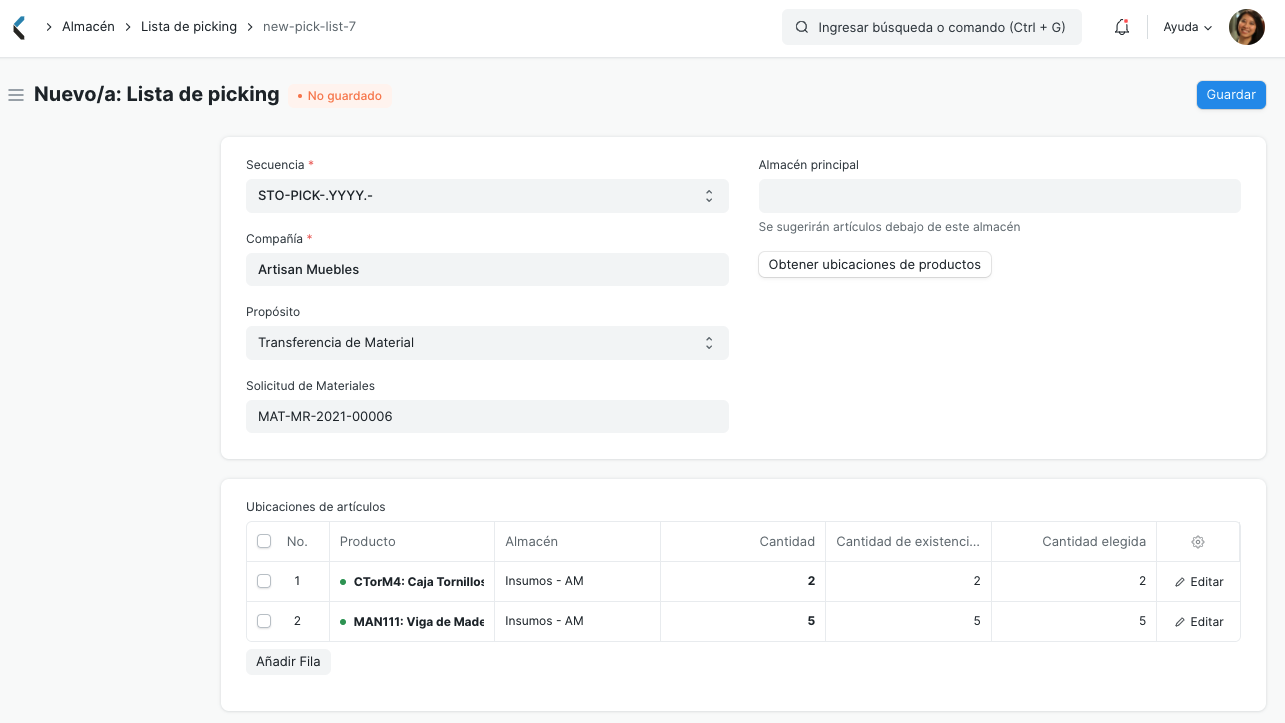 Lista de picking desde solicitud de materiales