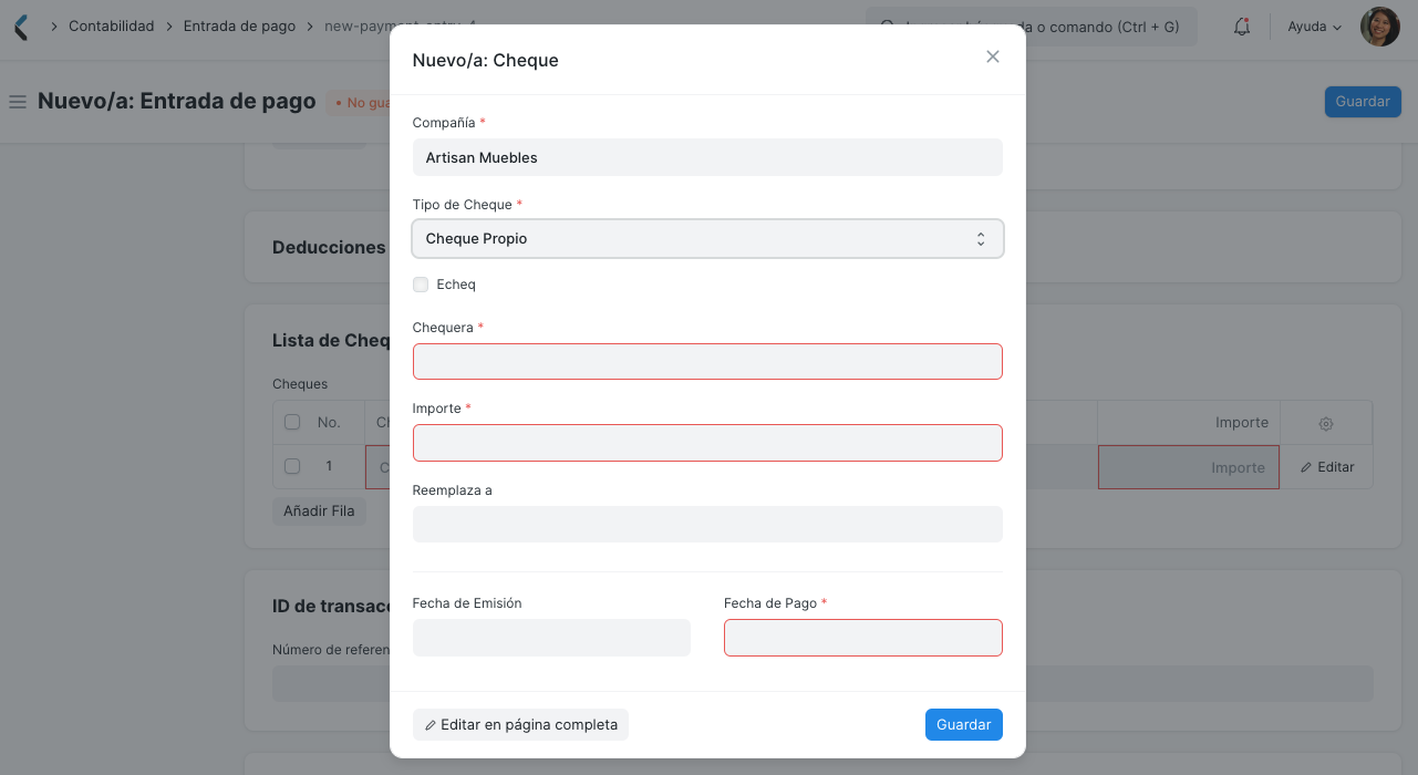 Cheque quickentry