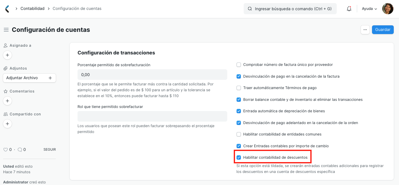 Habilitar contabilidad de descuentos
