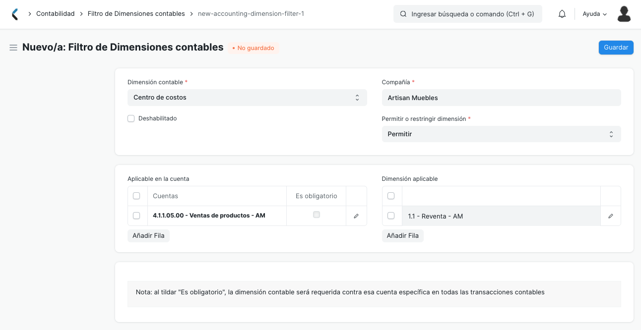 Create accounting dimension filter