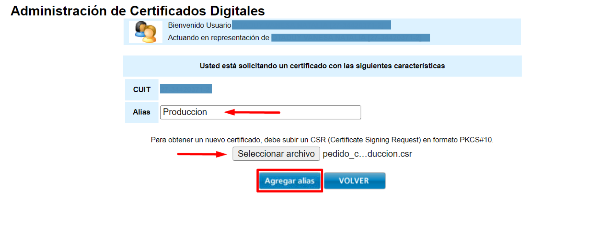 alias y pedido de certificado