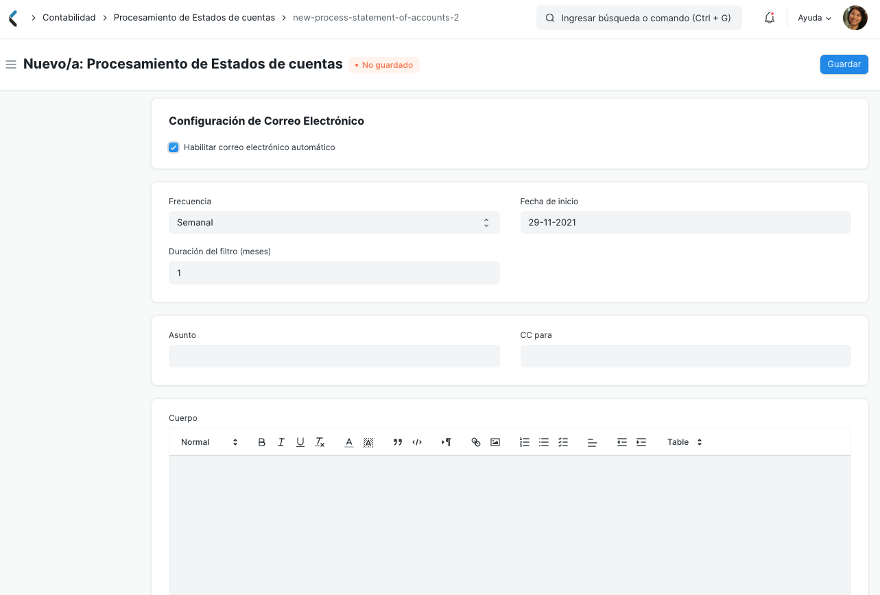 Procesamiento de estados de cuentas Configuración de Correo Electrónico