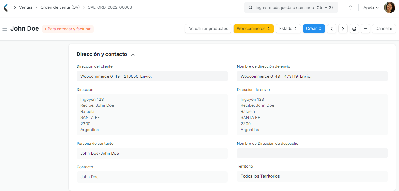 Dirección y contacto en Orden de venta