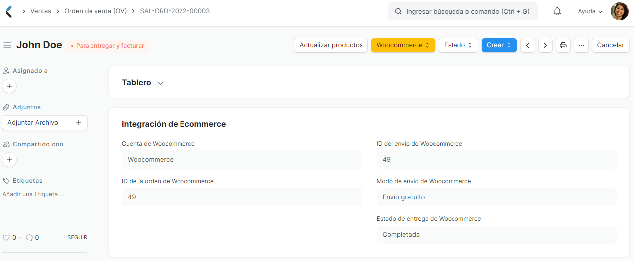 Orden de venta desde Woocommerce