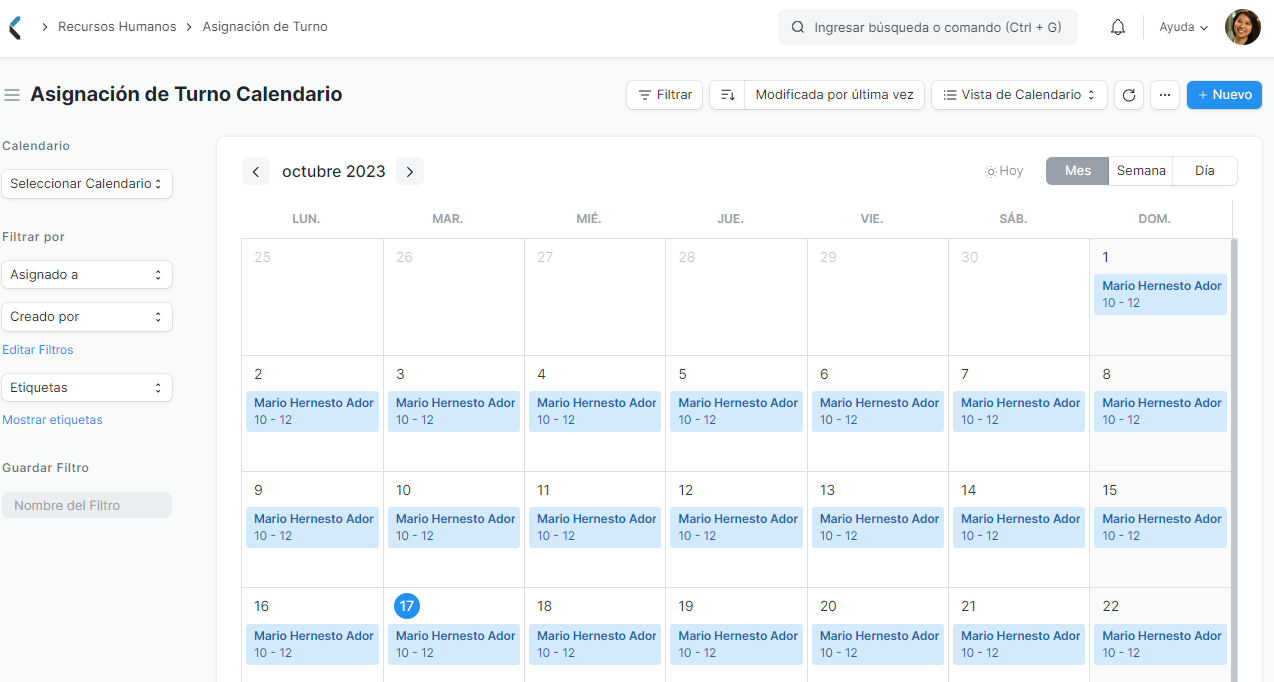 Asignacion de turno calendario