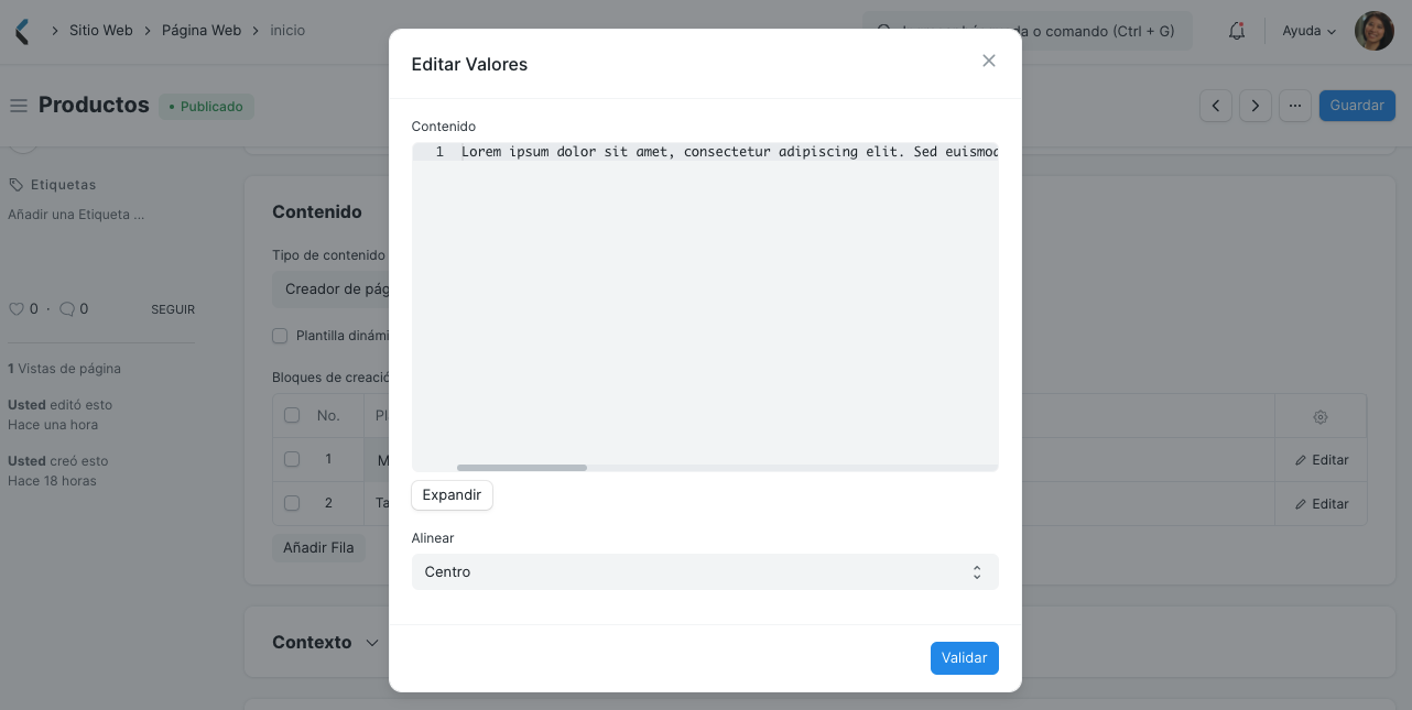 Page Builder Edit Values Dialog