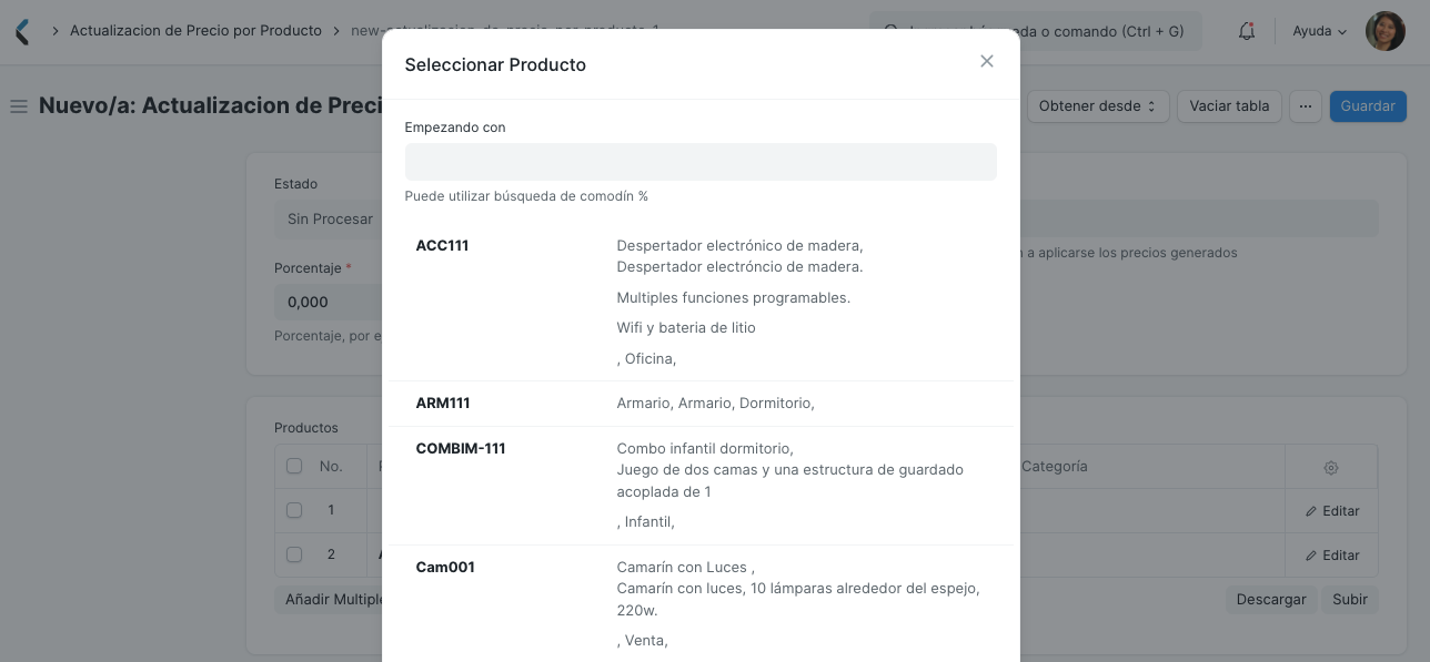 Actualización de Precio por Producto añadir multiple