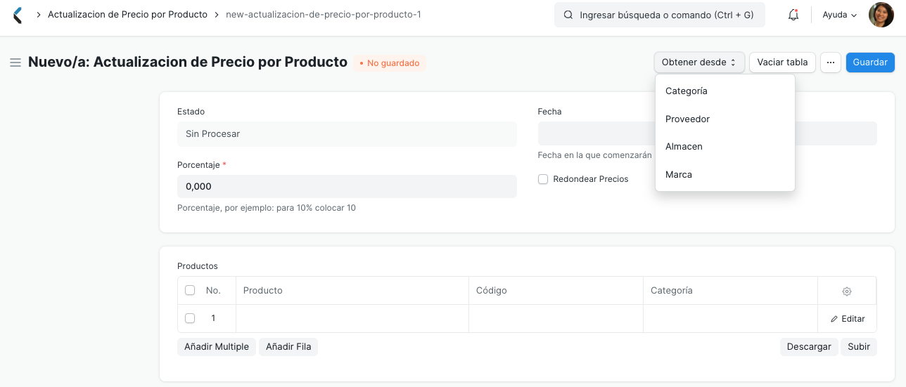 Actualización de Precio por Producto Obtener desde