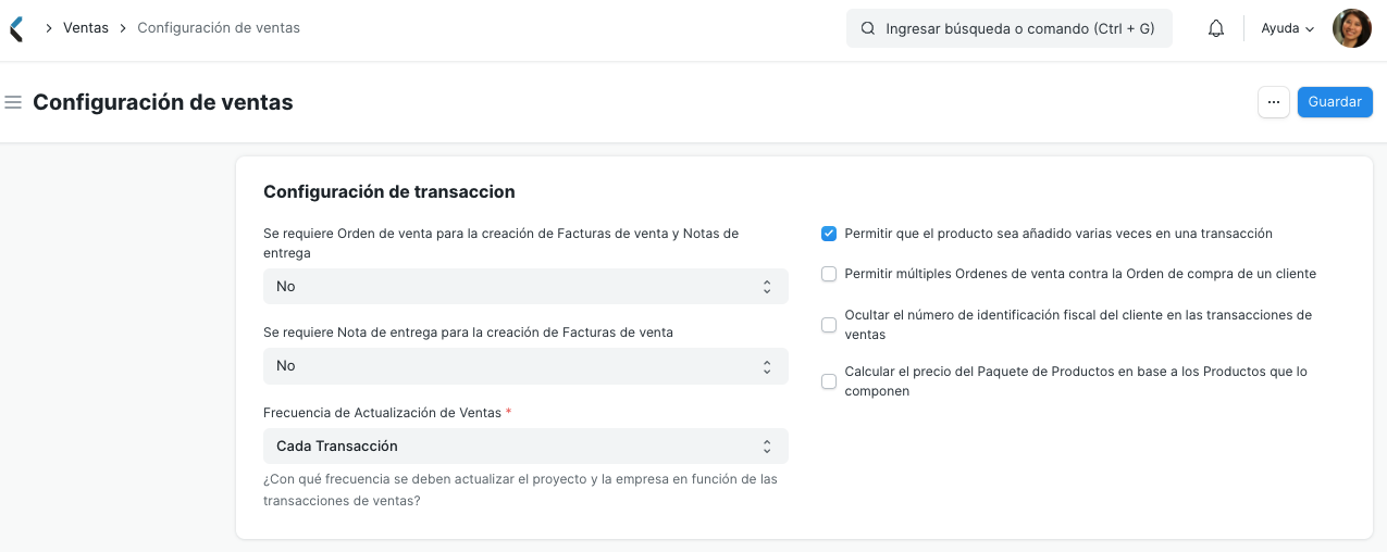 Configuraciones de transacciones