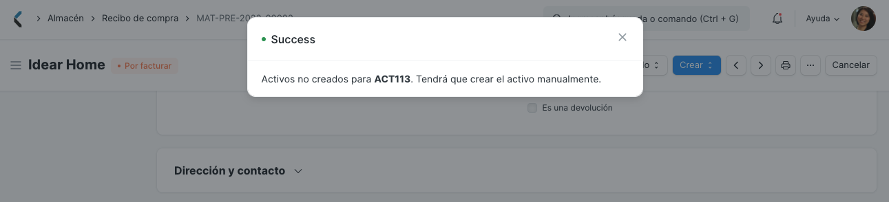 Activo no creado automáticamente