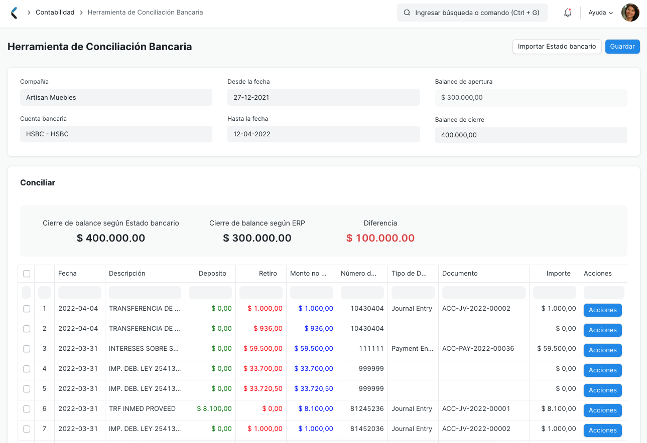 Conciliación con transacciones para conciliar