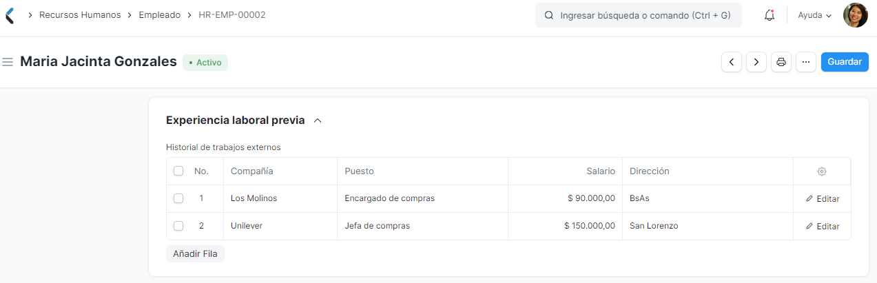 Historial de trabajos externos