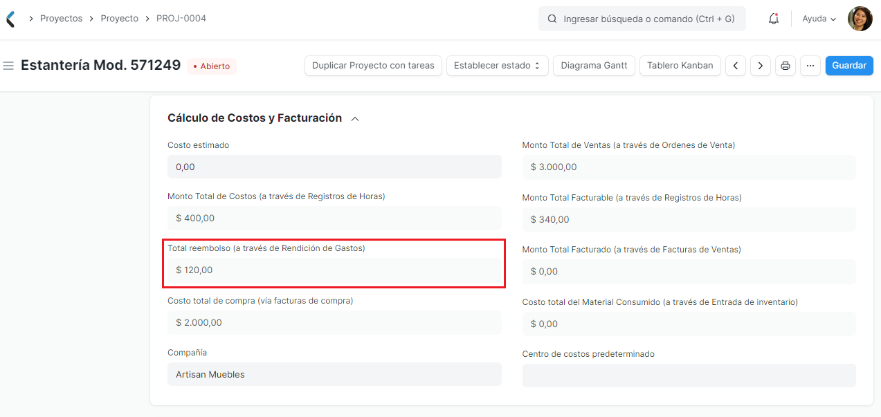 Costo de rendicion en proyecto