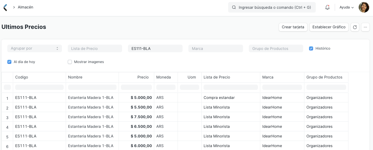 Reporte de ultimos precios filtros