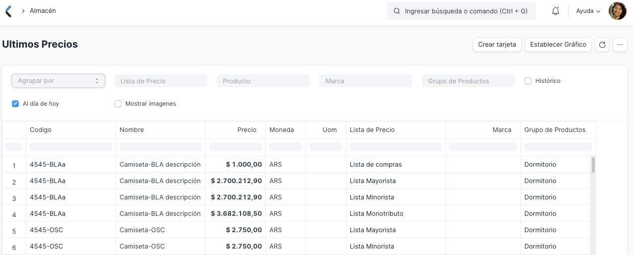 Reporte de ultimos precios