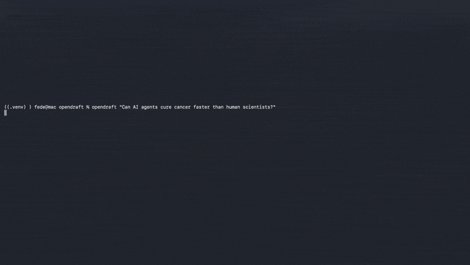 OpenDraft generating a source-grounded research paper from a single prompt, with verified citations and a typeset PDF