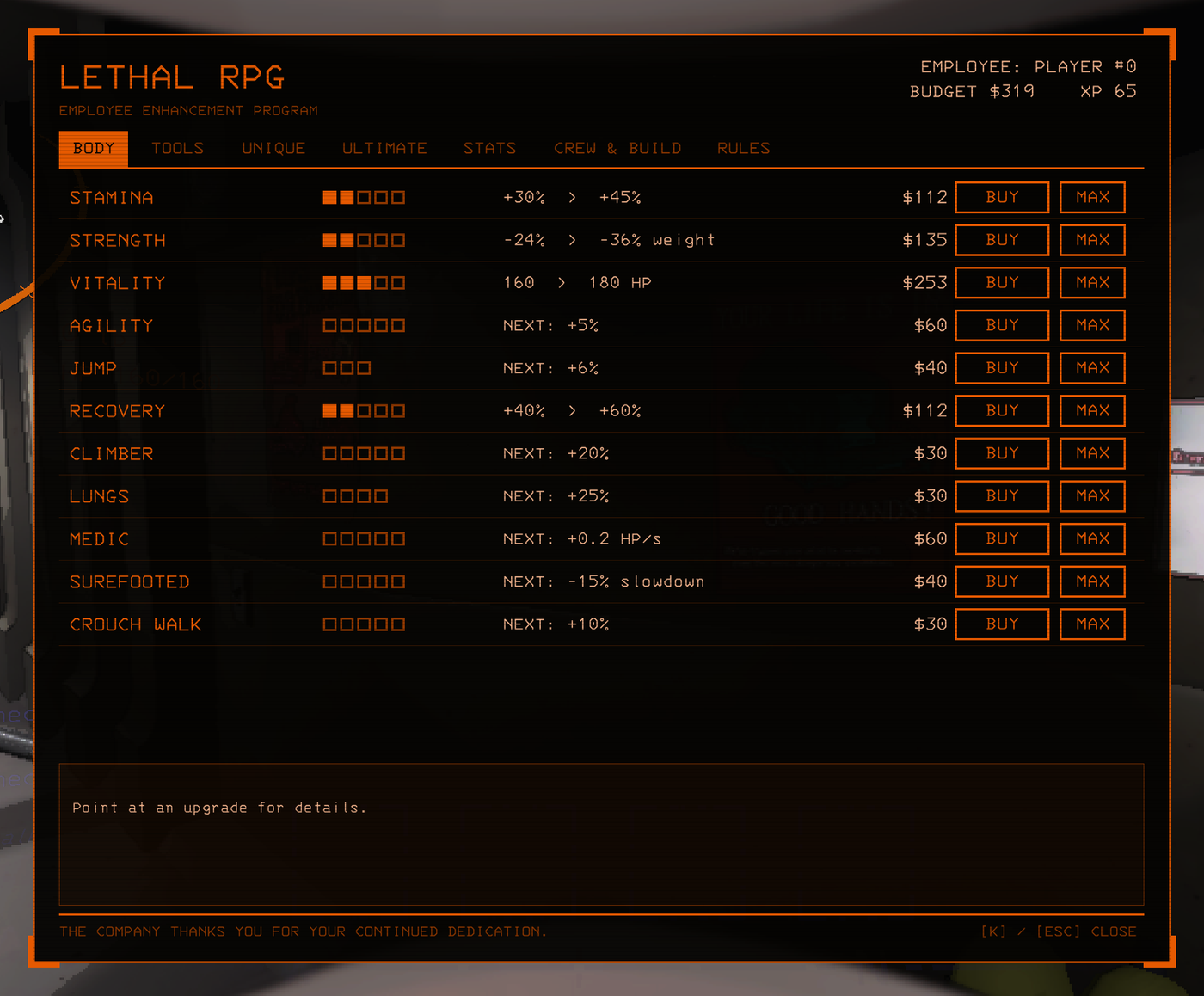 The skill menu (K) on the BODY tab