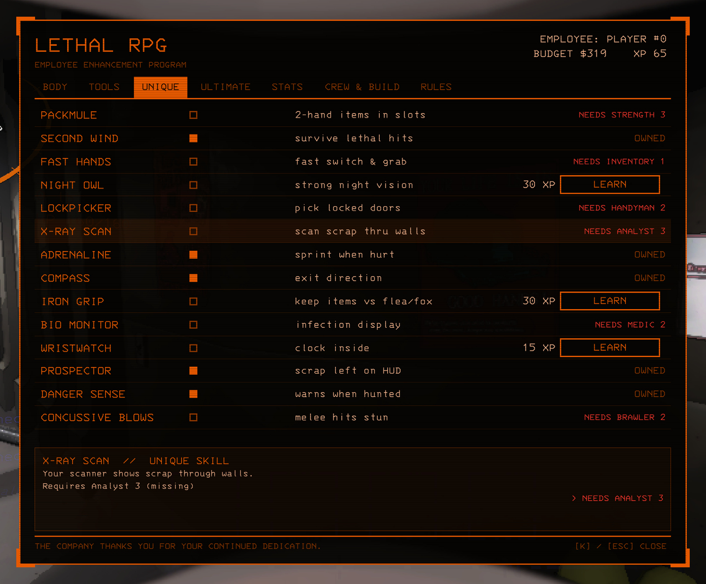 The UNIQUE tab with a skill's requirements in the info box