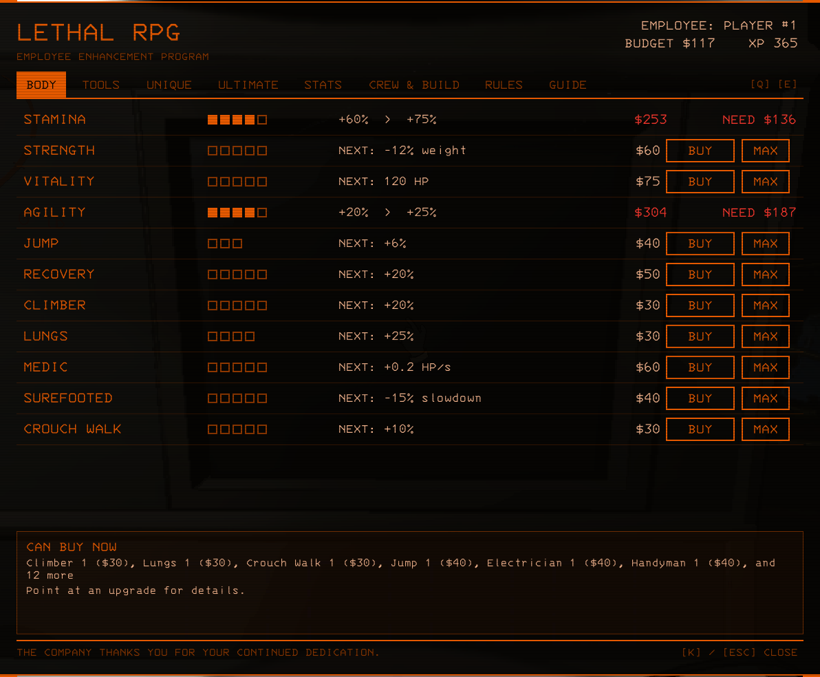 The BODY tab of the skill menu with levels bought, the info box and CAN BUY NOW